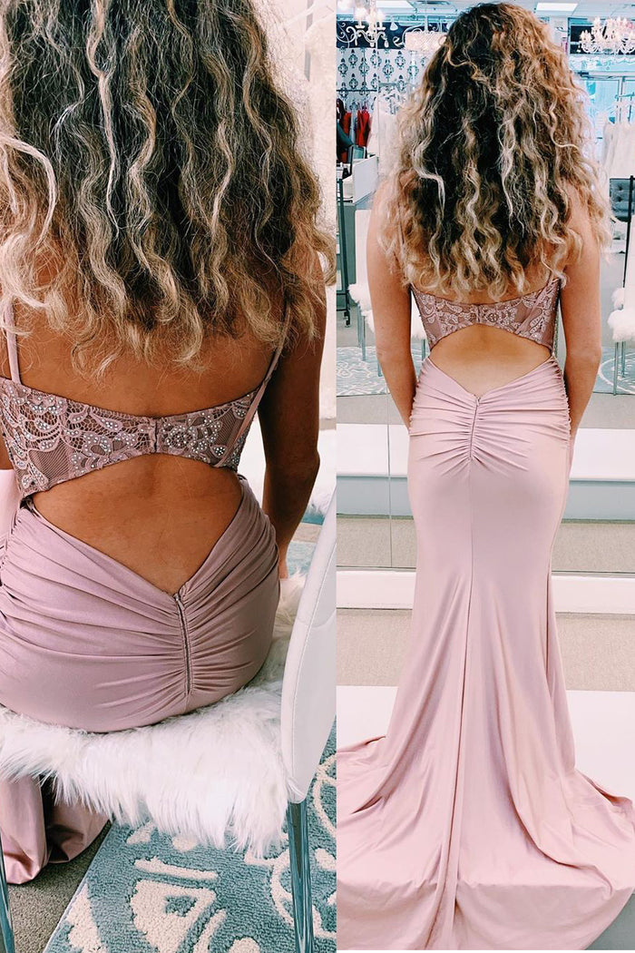 Elegant Straps Mermaid Beaded Pearl Pink Long Prom Dress