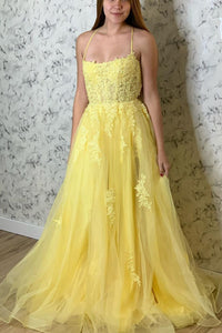 Elegant Appliques Lace-Up Back A-Line Yellow Long Prom Dress