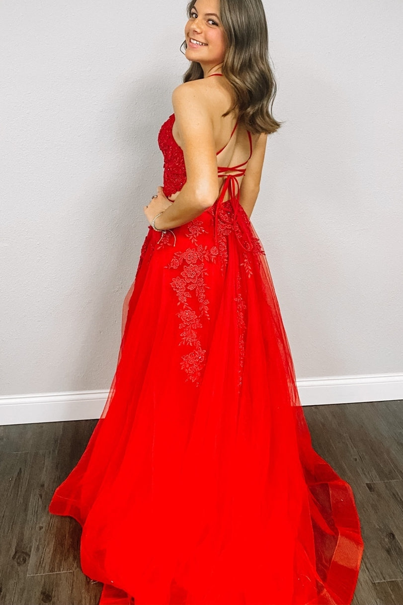 Elegant V Neck A-Line Red Appliqued Long Prom Dress