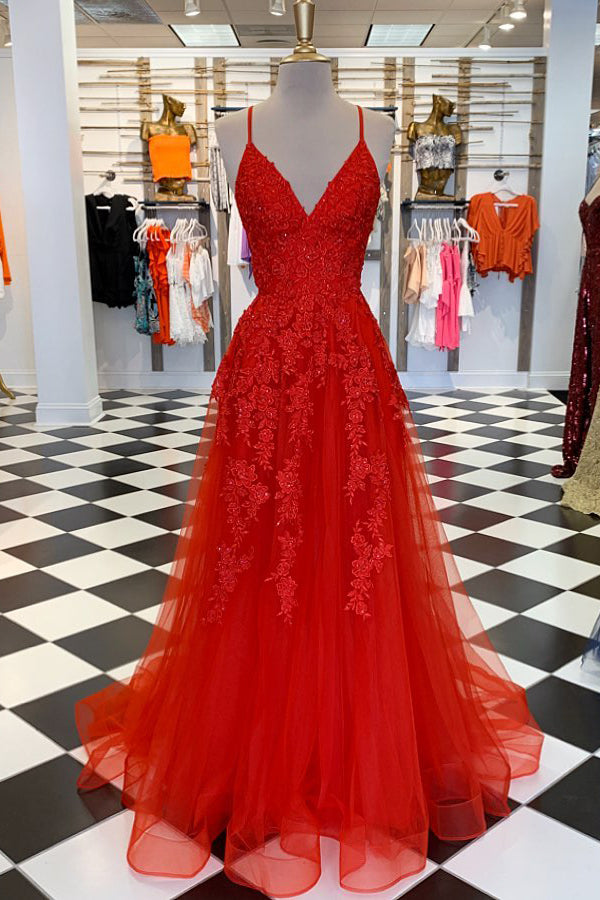 Elegant V Neck A-Line Red Appliqued Long Prom Dress