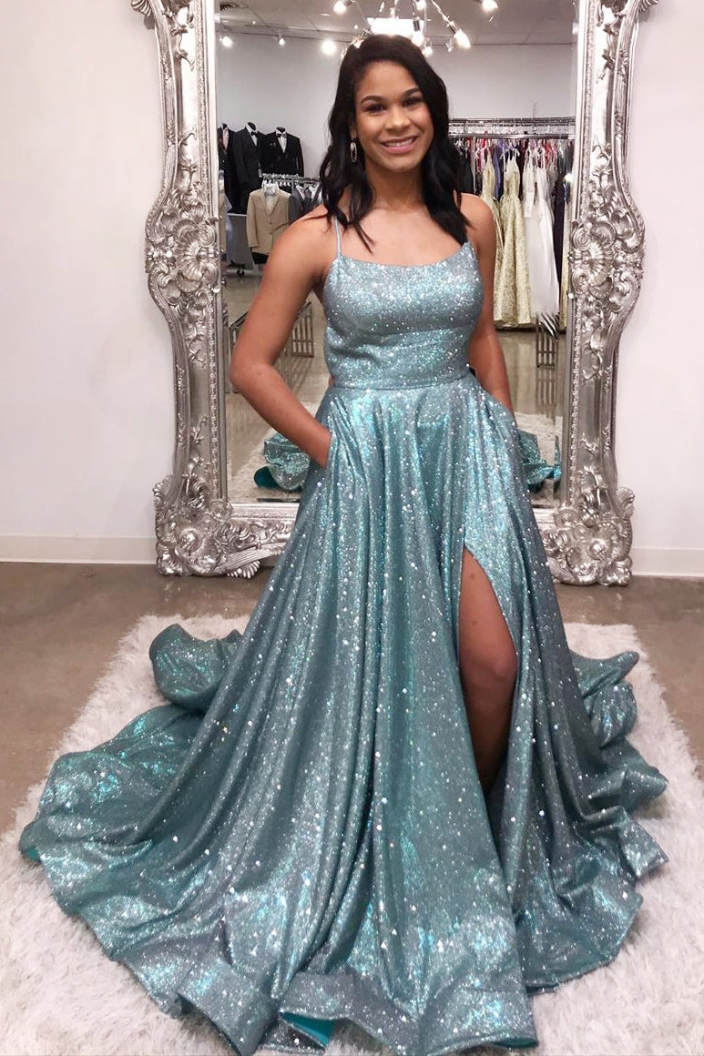 Sparkly Straps A-Line Long Prom Dress with Pockets