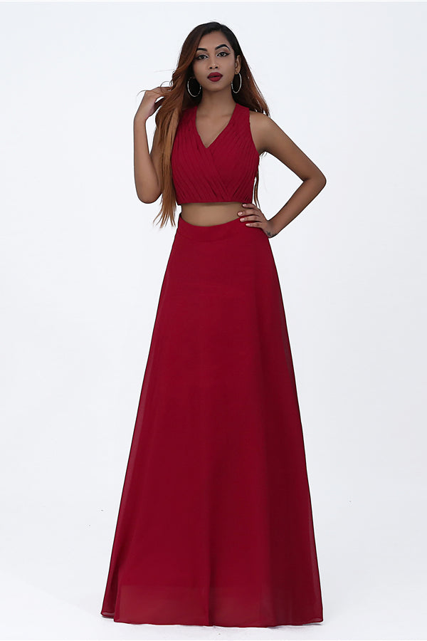 Elegant Two Piece Pleated Red Long Prom Dress