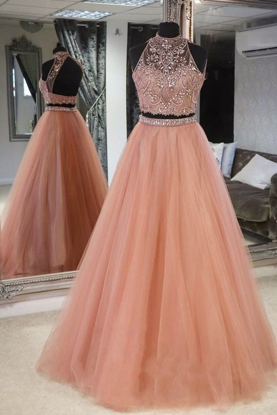Elegant Halter Two Piece Beaded Peach Long Prom Dress