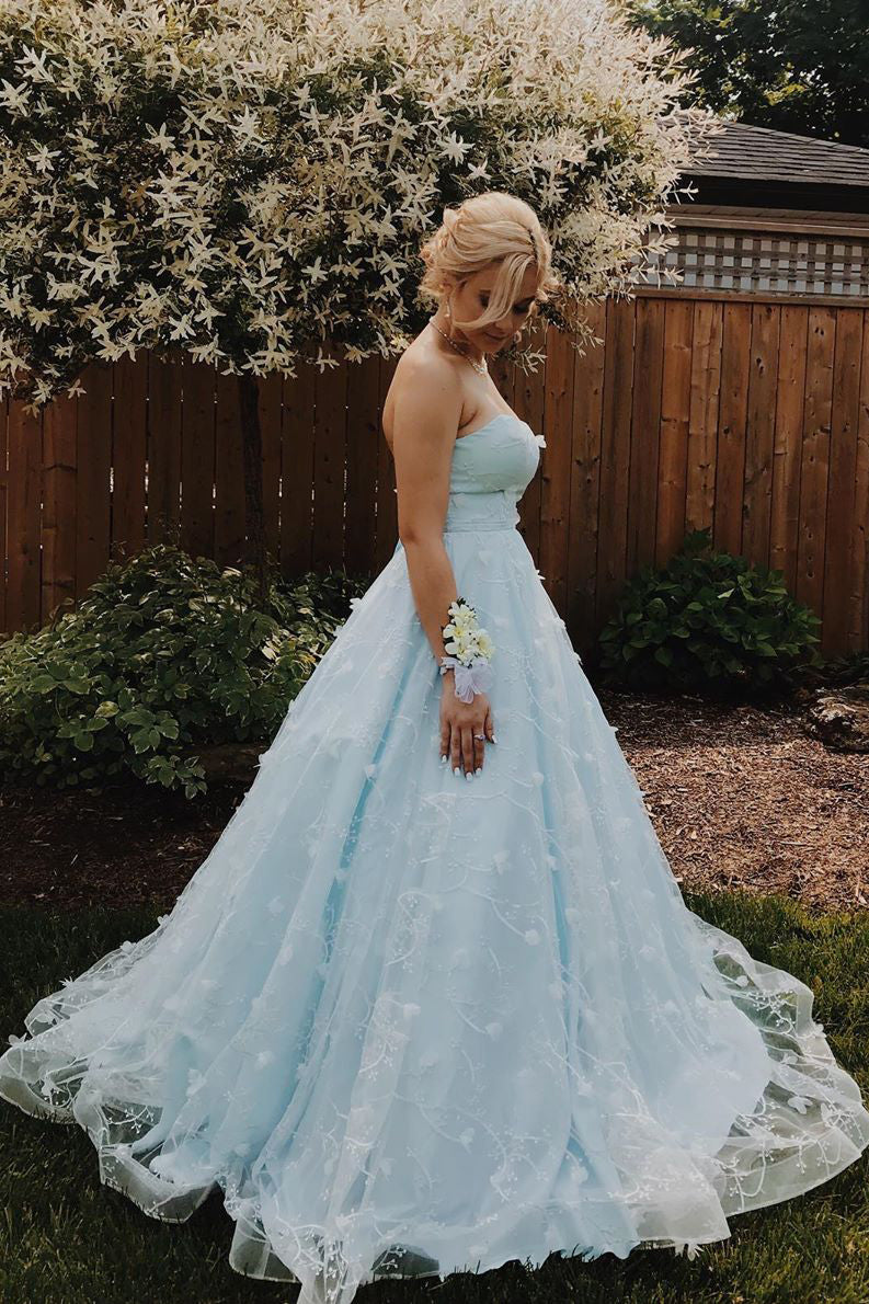 Elegant Strapless A-Line Light Blue Long Prom Dress