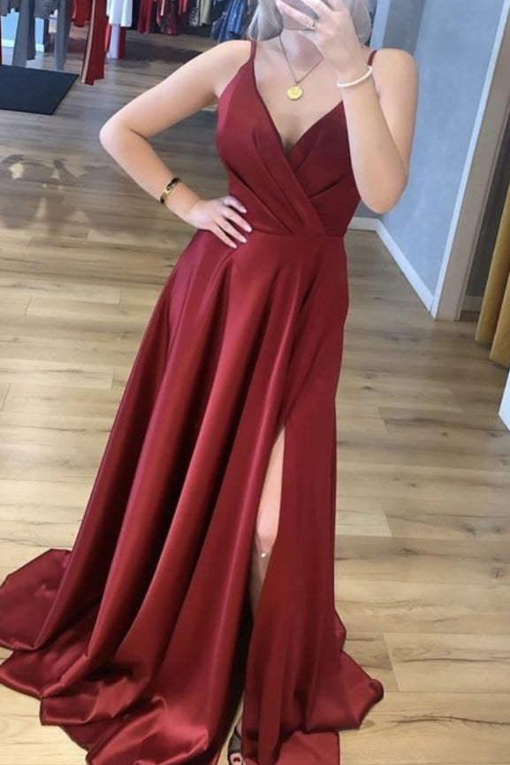 Elegant Straps A-Line Burgundy Long Prom Dress with Slit