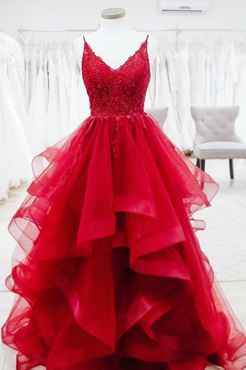 Elegant V Neck A-Line Beaded Red Long Prom Dress
