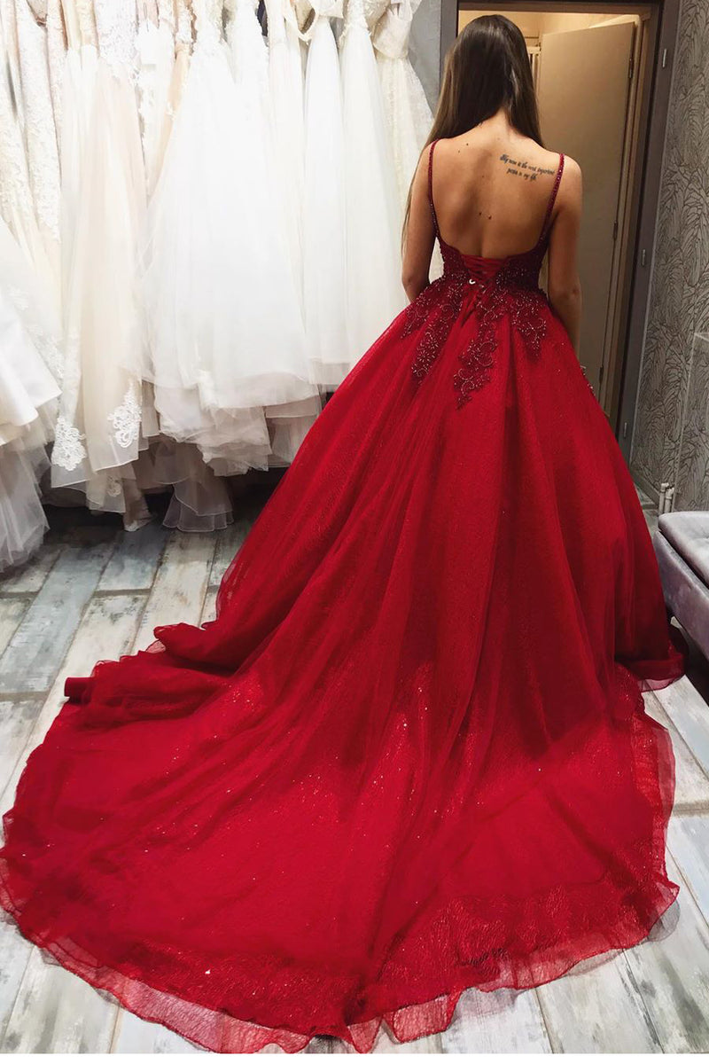 Elegant Straps Lace-Up Back Beaded Red Long Prom Dress