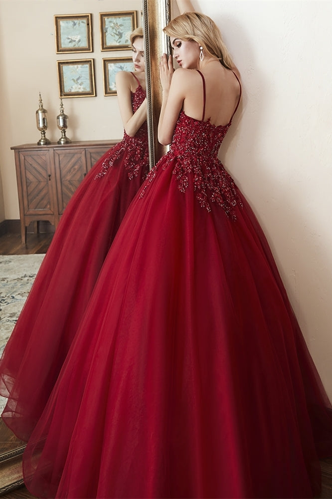 Elegant Straps Lace-Up Back Beaded Red Long Prom Dress