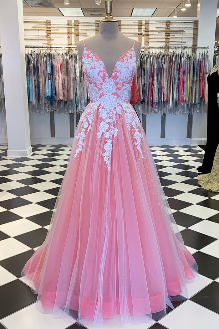 Elegant V Neck Lace-Up Back Pink Long Prom Dress with Appliques