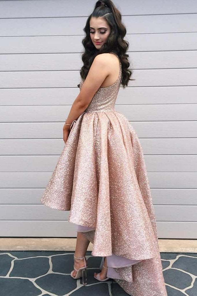 Sparkly High Neck High Low Rose Gold Long Prom Dress