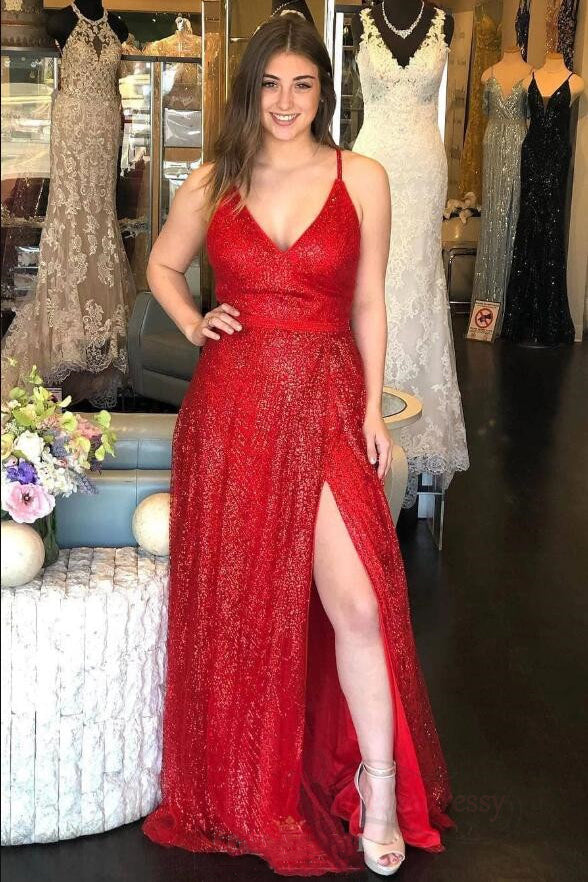 Sparkly V Neck A-Line Red Long Prom Dress with Slit