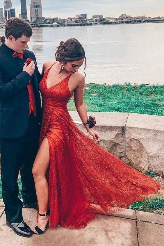 Sparkly V Neck A-Line Red Long Prom Dress with Slit