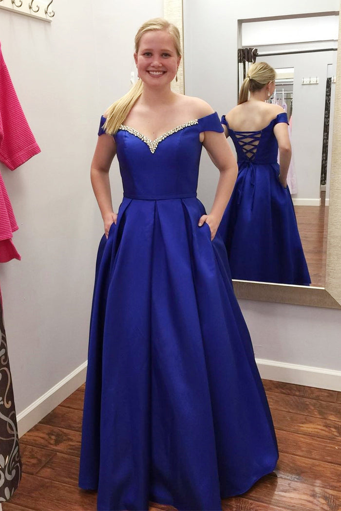 Elegant Off Shoulder Lace-Up Back Royal Blue Long Prom Dress