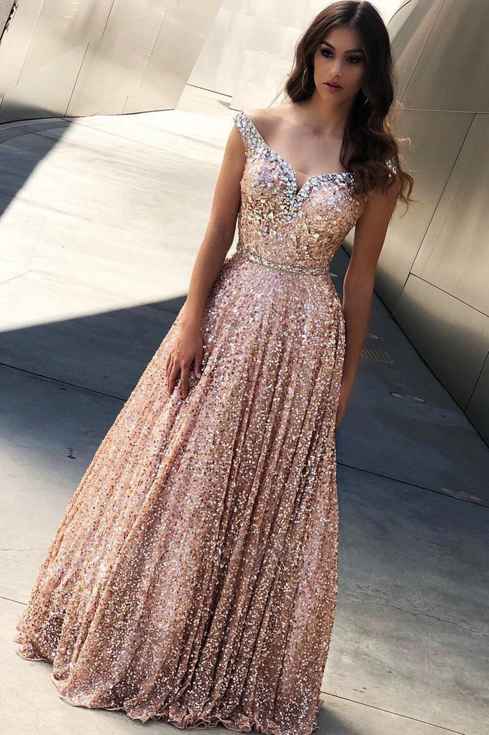 Sparkly Off Shoulder A-Line Rose Gold Sequin Long Prom Dress