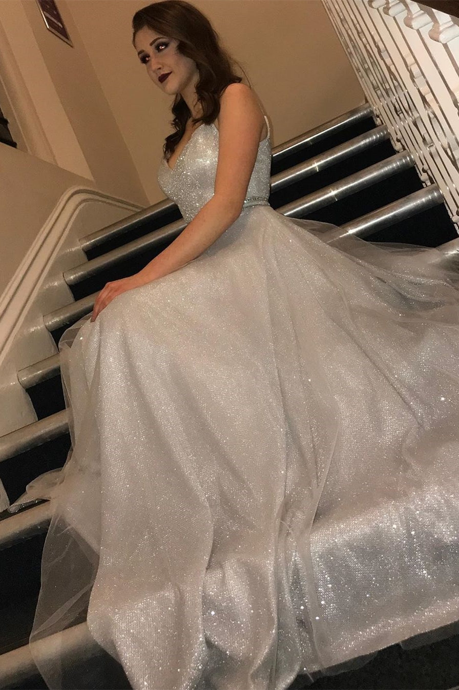 Glitter Silver Long Prom Dress with V Neckline