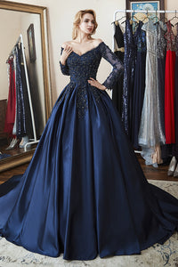 Ball Gown Long Sleeves Off Shoulder Beaded Navy Blue Prom Dress