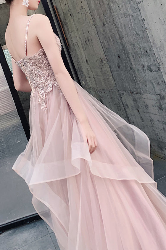 Elegant Straps A-Line Appliques Dusty Rose Long Prom Dress