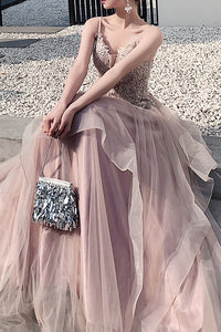 Elegant Straps A-Line Appliques Dusty Rose Long Prom Dress