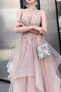 Elegant Straps A-Line Appliques Dusty Rose Long Prom Dress