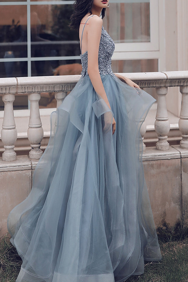 Elegant Spaghetti Straps A-Line Appliques Dusty Blue Long Prom Dress