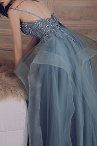 Elegant Spaghetti Straps A-Line Appliques Dusty Blue Long Prom Dress