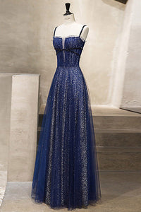 Gorgeous Spaghetti Straps Sequined Navy Blue Long Prom Dress