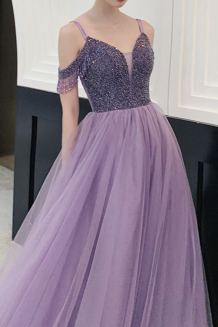 Elegant Cold Shoulder Beaded Lavender Long Prom Dress