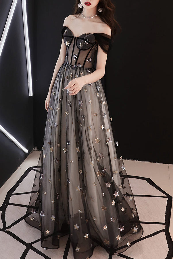 Gorgeous Off Shoulder A-Line Black Long Prom Dress with Stars