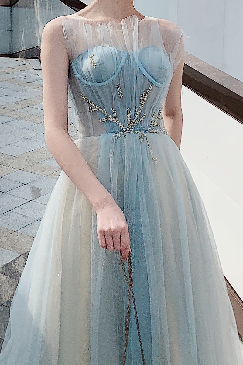 Elegant A-Line Light Blue Long Prom Dress with Appliques