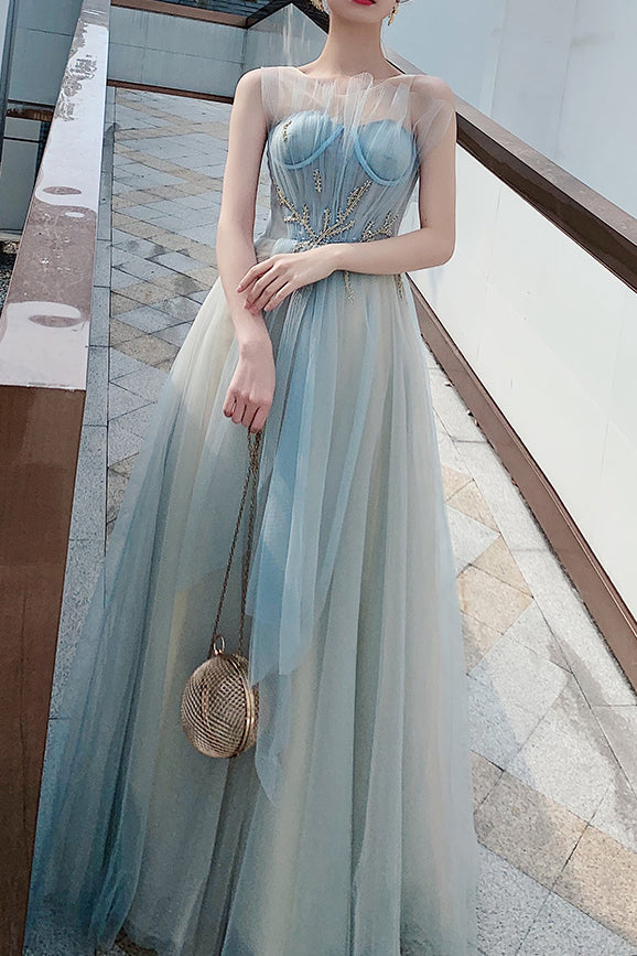 Elegant A-Line Light Blue Long Prom Dress with Appliques