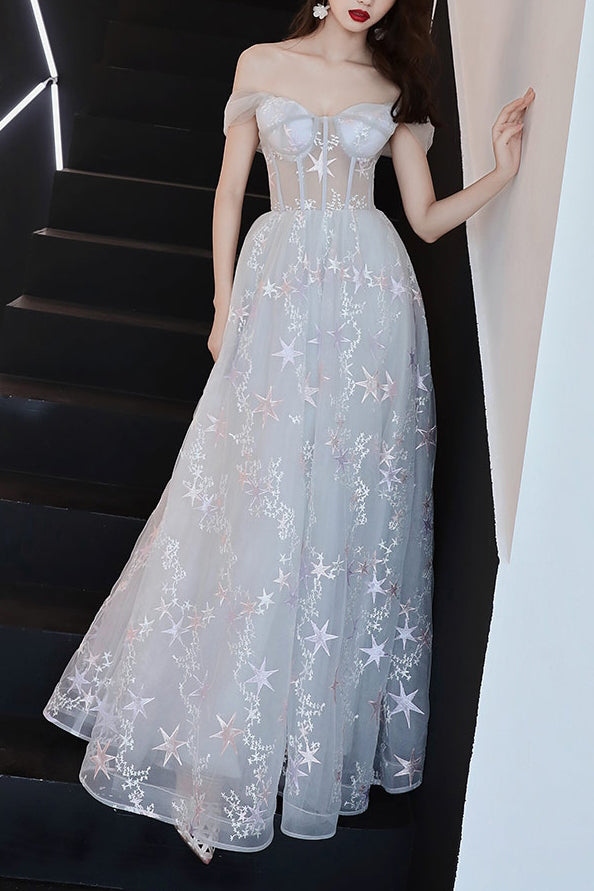 Elegant Off Shoulder A-Line White Long Prom Dress with Stars