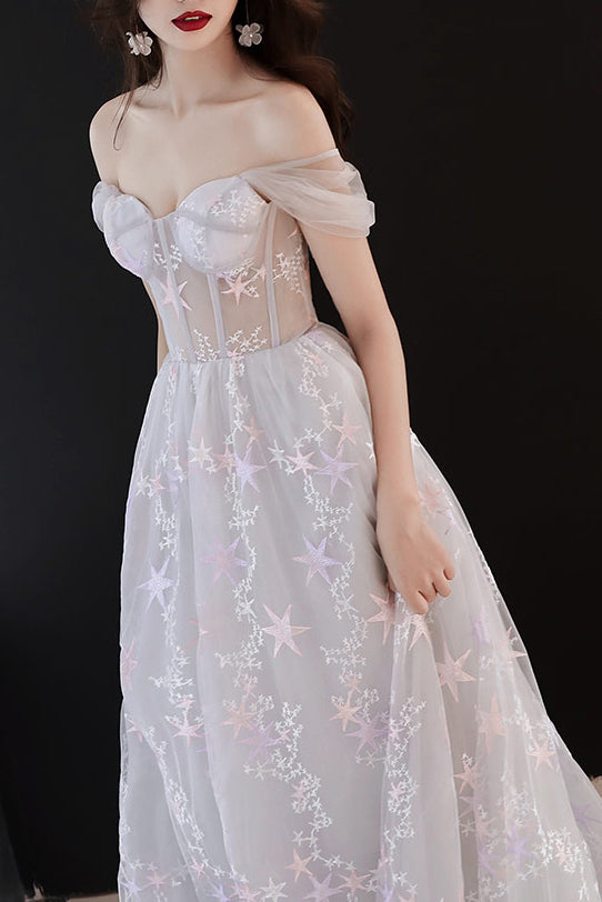 Elegant Off Shoulder A-Line White Long Prom Dress with Stars
