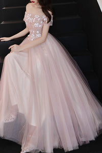 Elegant Off the Shoulder Appliques Blush Pink Long Prom Dress
