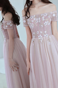 Elegant Off the Shoulder Appliques Blush Pink Long Prom Dress