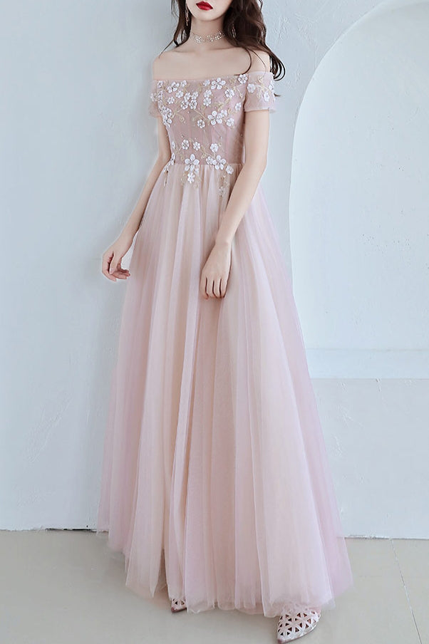 Elegant Off the Shoulder Appliques Blush Pink Long Prom Dress