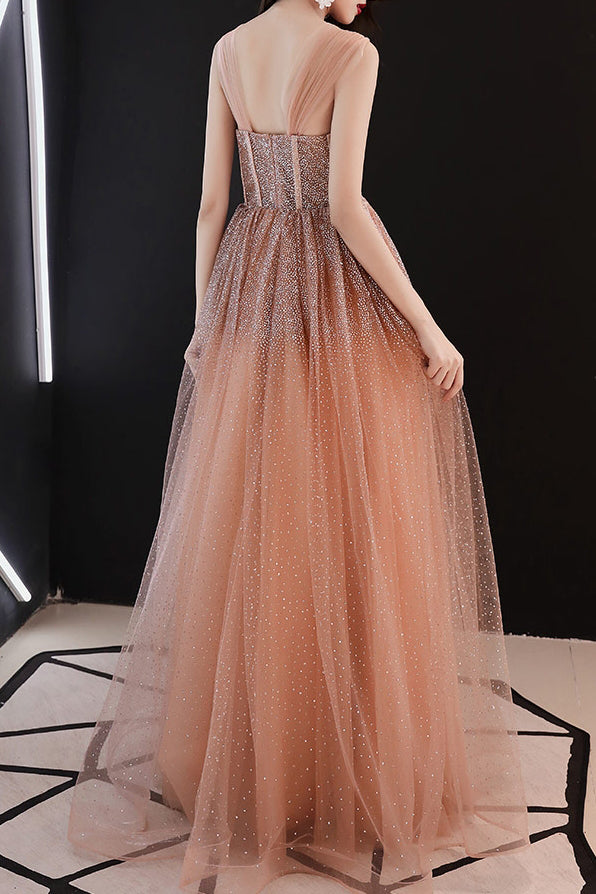 Sparkly Straps A-Line Sequins Peach Long Prom Dress