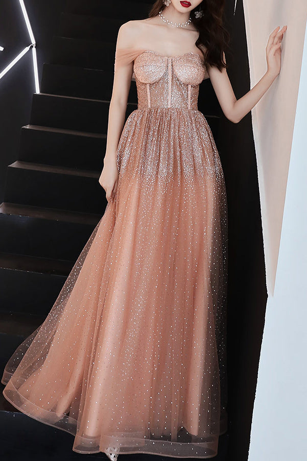 Sparkly Straps A-Line Sequins Peach Long Prom Dress