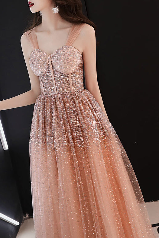 Sparkly Straps A-Line Sequins Peach Long Prom Dress