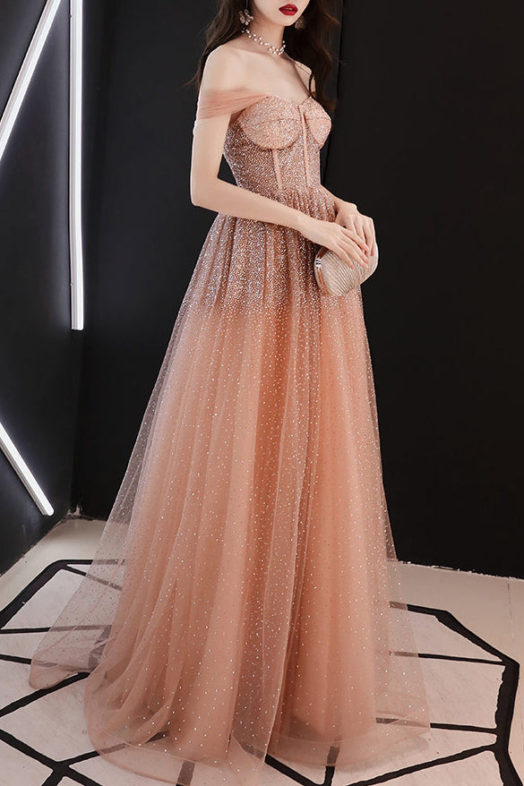 Sparkly Straps A-Line Sequins Peach Long Prom Dress