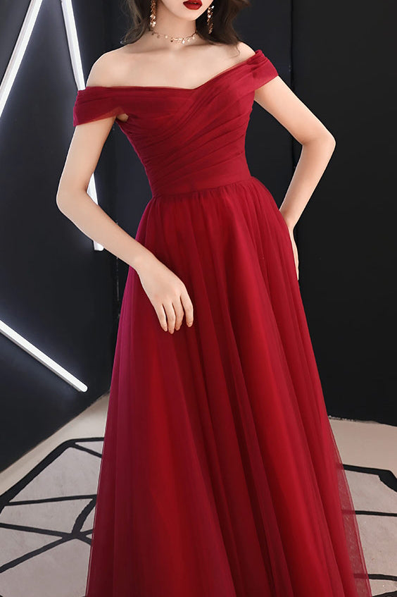Elegant Off Shoulder A-Line Pleated Burgundy Long Prom Dress