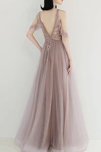 Elegant Beaded A-Line Dusty Rose Long Prom Dress