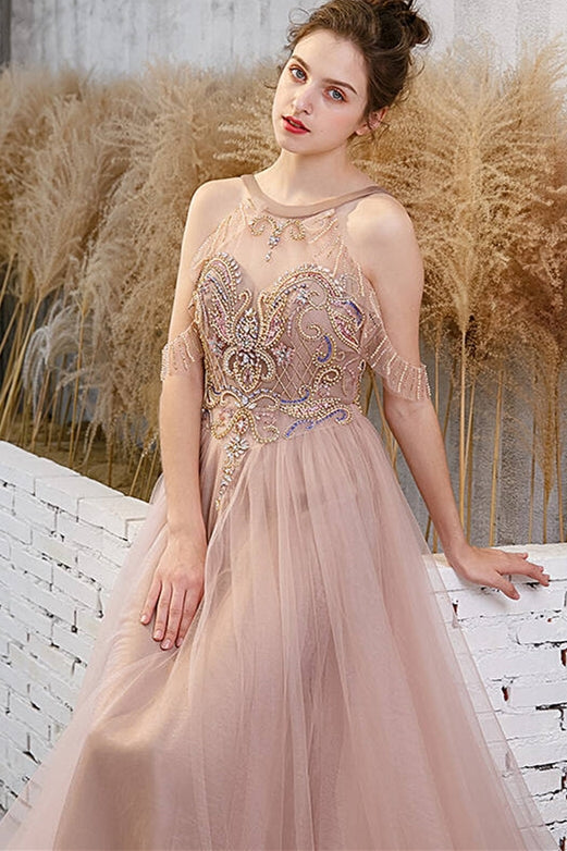 Elegant Beaded A-Line Dusty Rose Long Prom Dress