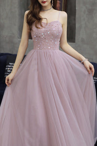 Elegant Spaghetti Straps A-Line Pink Long Prom Dress