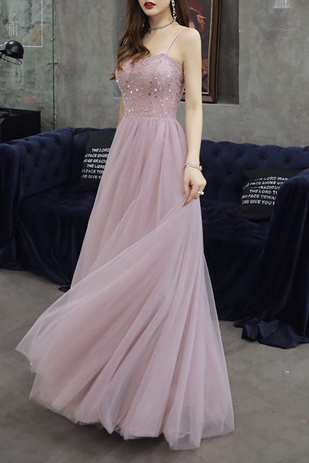 Elegant Spaghetti Straps A-Line Pink Long Prom Dress