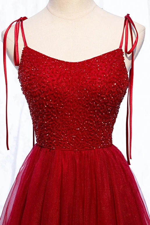 Straps Red Long Prom Dress with Beaded Bodice