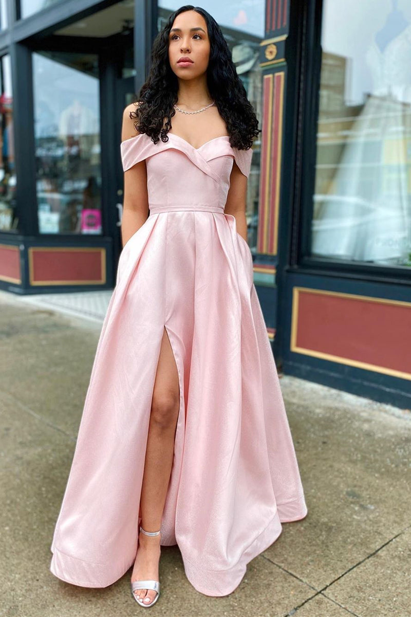 Off the Shoulder Pink Long Prom Dress with Slit