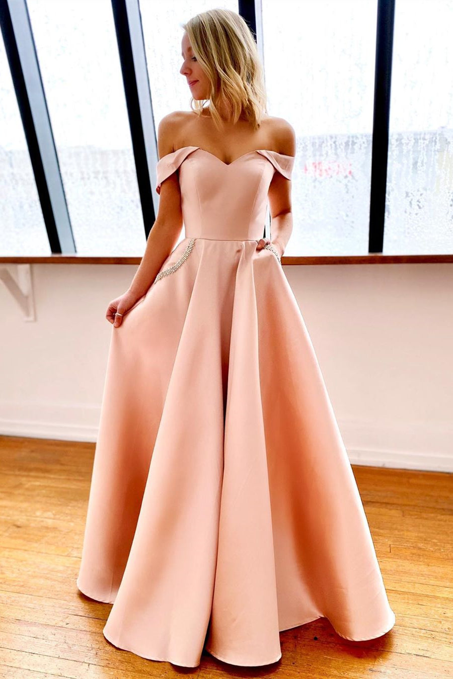 Off the Shoulder Pink Prom Dress with Pockets