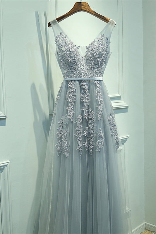 A-line Tulle Grey Long Prom Dress