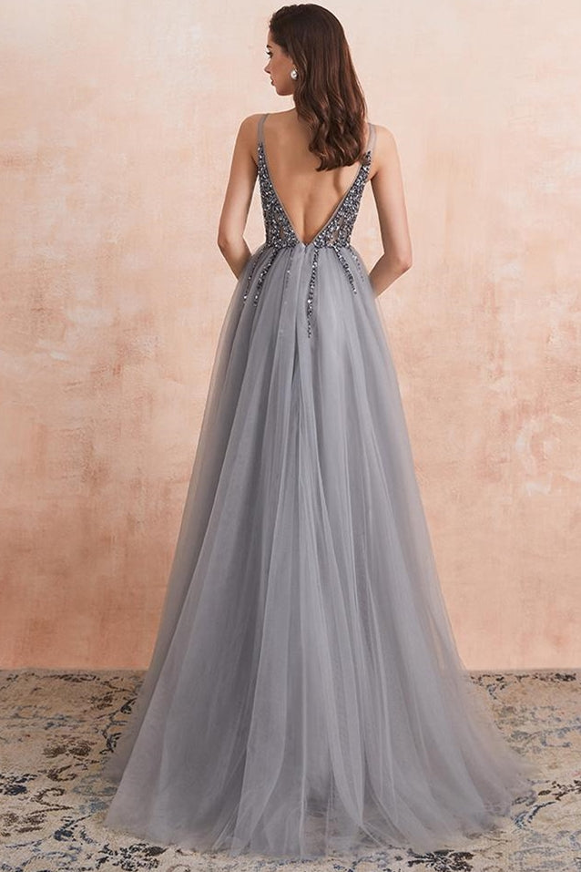 Sexy Beaded V Neck Grey Long Formal Dress