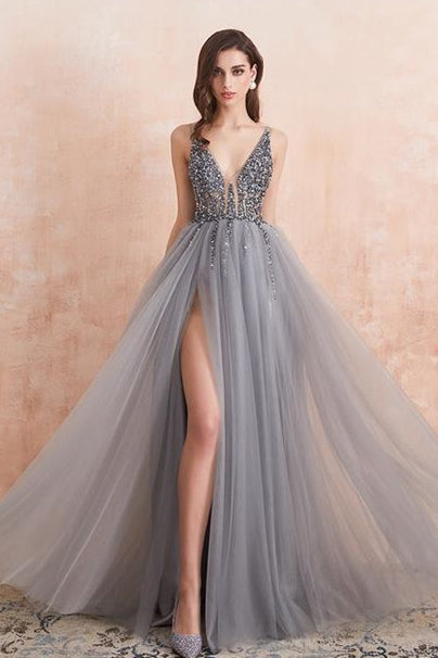 Sexy Beaded V Neck Grey Long Formal Dress